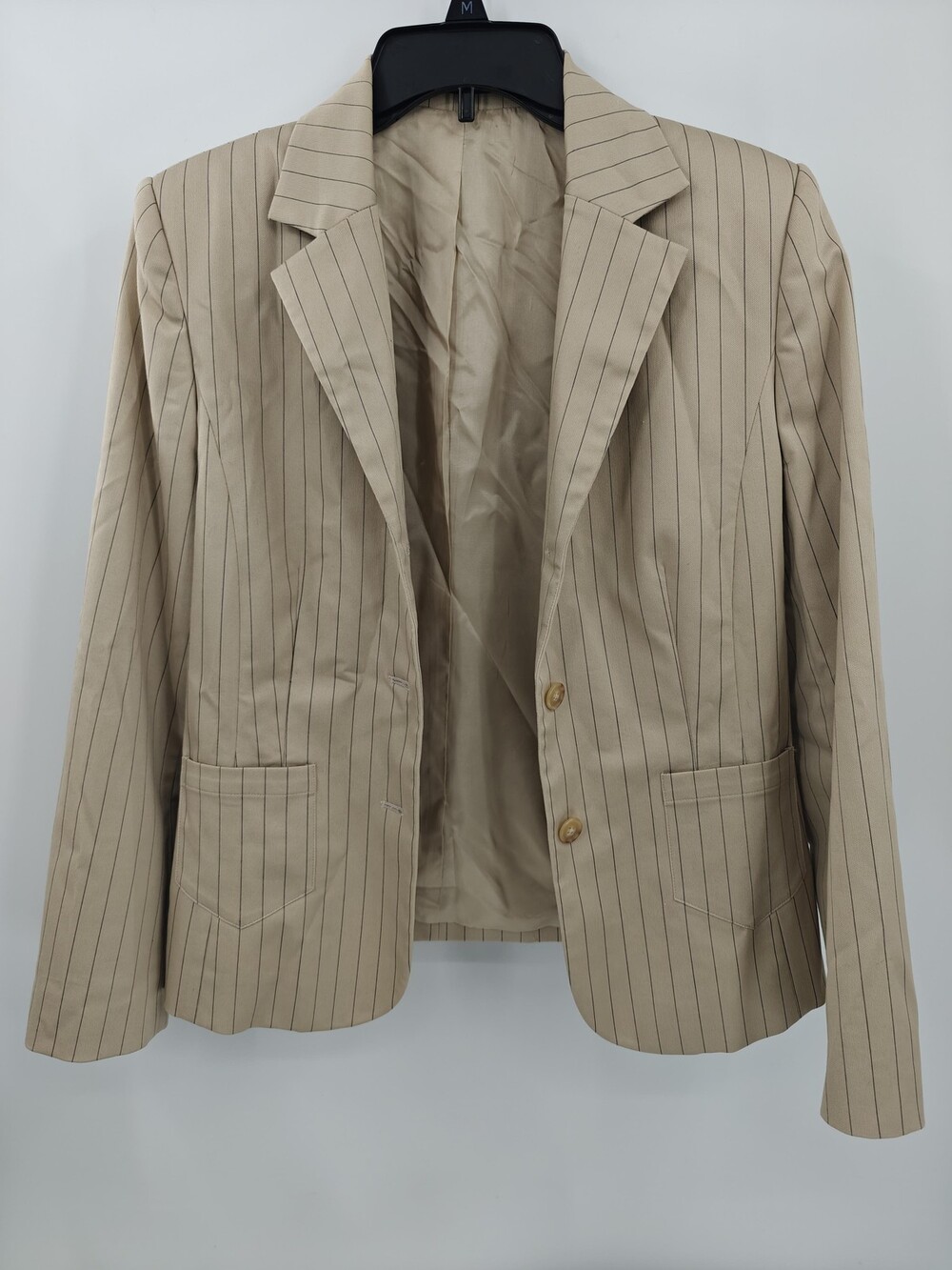 Vintage Perry Ellis Womens 8 Beige Pinstripe Three Button Lined Career Jacket